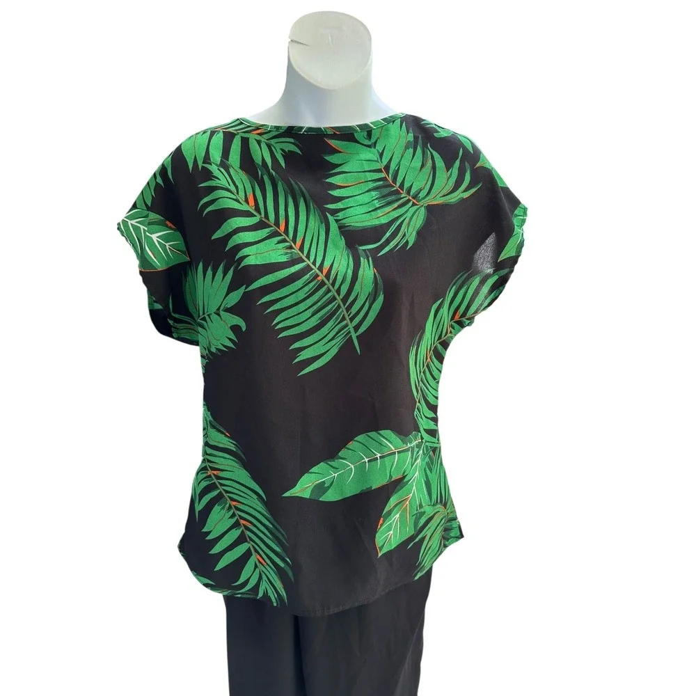 Emery‎ Rose Women's Black Green Palm Leaf Print Top & Pants Set - Size S